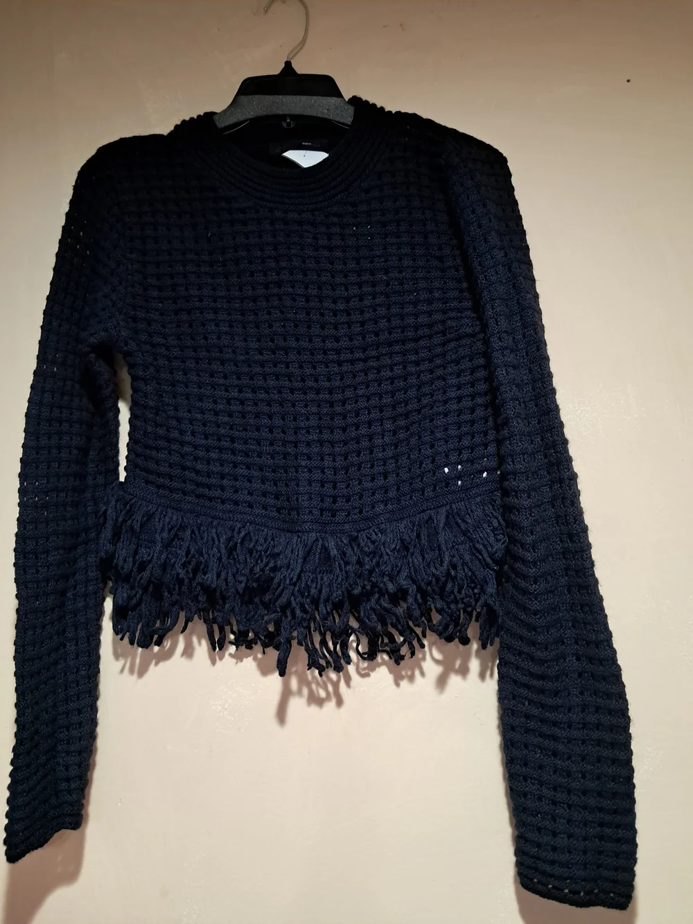 Zara Boho Chic Navy Blue Fringe Crop Textured Sweater Size M